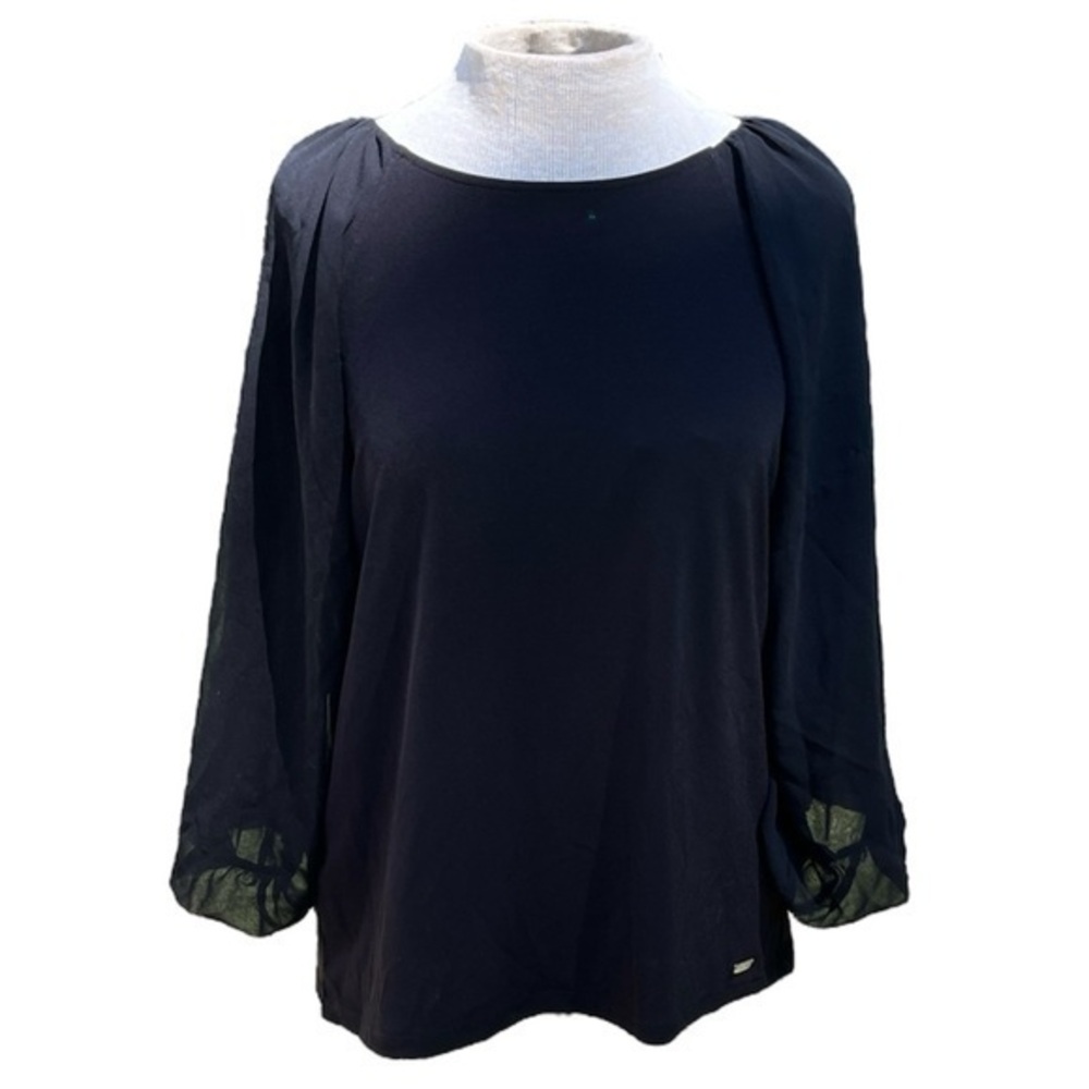 Calvin Klein 3/4 sleeve blouse, sheer sleeves, crew neck, black, women’s small
